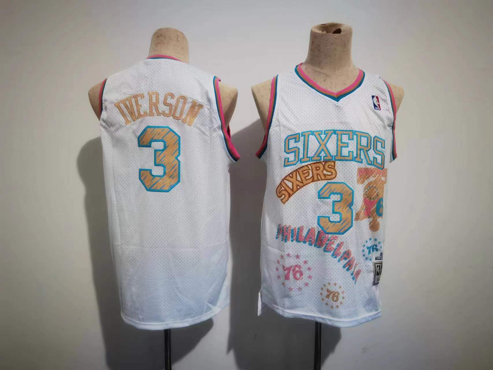 Men Philadelphia 76ers #3 Iverson White Sketching version NBA Jersey->milwaukee bucks->NBA Jersey